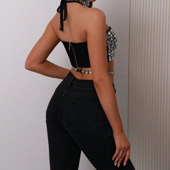 Black Party Women's Rhinestone Halter Neck Sexy & Versatile Camisole Top - Picture 3 of 9